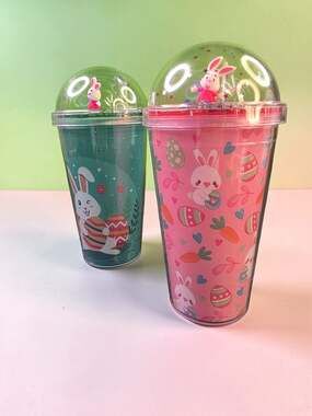 Set of 2 Easter Bunny Tumblers with Character Dome Lids, Pink and Teal